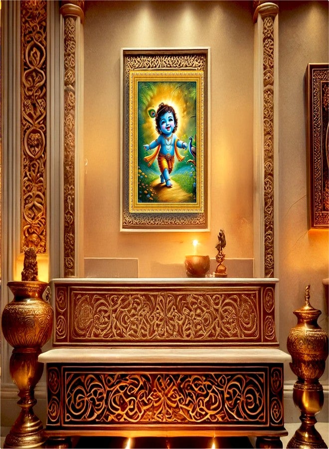 Photon Baby Krishna Walking Photo Frame 5x7 Inch | Laminated Waterproof Bal Gopal Poster Without Glass | Golden Embossed Hindu God Wall Art | Home Temple Décor Janmashtami Gift Spiritual Religious Frame | Divine Picture - Image 2